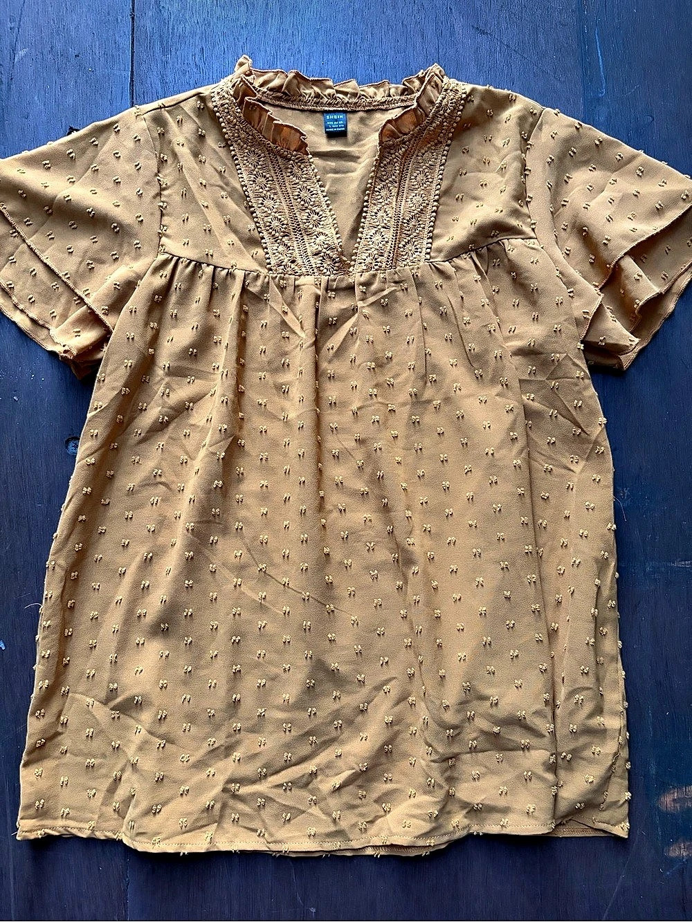 SHEIN Swiss Dot Ruffle Trim V-Neck Mustard Color Blouse (511)